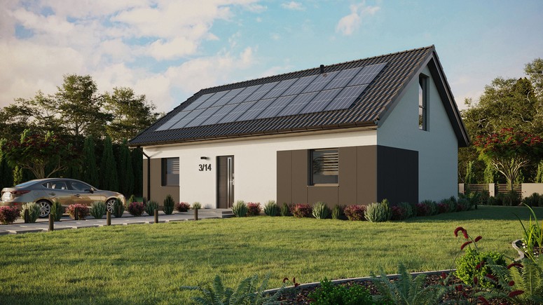ERDOL 2 XL - Version Links (Wohnzimmer auf der linken Seite) - Satteldach mit ausgebautem Dachboden -Dachneigung  35 Grad - Dachfenster für Zimmer und Badezimmer - Bodentiefes Fenster im Dachgeschoss - Styropor, Netz, Kleber - Anthrazit - Photovoltaik-Installation 8 kWp (20 Paneele)