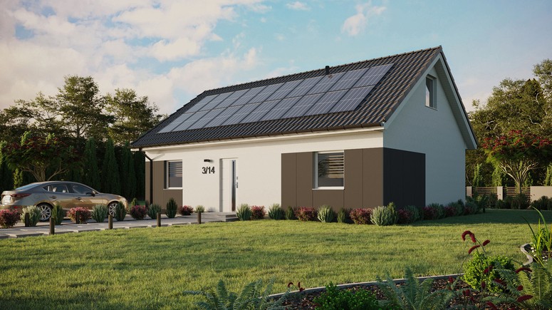 ERDOL 2 XL - Version Links (Wohnzimmer auf der linken Seite) - Satteldach mit ausgebautem Dachboden -Dachneigung  35 Grad - Zwei Zimmer-Dachfenster und ein Badezimmer-Dachfenster - Standard - Styropor, Netz, Kleber - Weiß - Photovoltaik-Installation 8 kWp (20 Paneele)