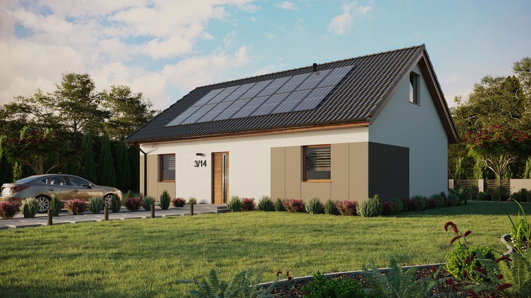 ERDOL 2 XL - Version Links (Wohnzimmer auf der linken Seite) - Satteldach mit ausgebautem Dachboden -Dachneigung  35 Grad - Zwei Zimmer-Dachfenster und ein Badezimmer-Dachfenster - Standard - Styropor, Netz, Kleber - Goldene Eiche - Photovoltaik-Installation 6,4 kWp (16 Paneele)
