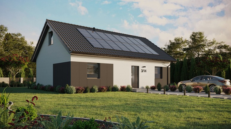 ERDOL 2 XL - Version Rechts (Wohnzimmer auf der rechten Seite) - Satteldach mit ausgebautem Dachboden -Dachneigung  35 Grad - Dachfenster für Zimmer und Badezimmer - Standard - Styropor, Netz, Kleber - Anthrazit - Photovoltaik-Installation 6,4 kWp (16 Paneele)