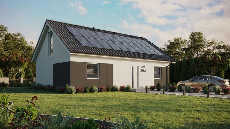 ERDOL 2 XL - Version Rechts (Wohnzimmer auf der rechten Seite) - Satteldach mit ausgebautem Dachboden -Dachneigung  35 Grad - Zwei-Zimmer-Dachfenster - Bodentiefes Fenster im Dachgeschoss - Styropor, Netz, Kleber - Weiß - Photovoltaik-Installation 8 kWp (20 Paneele)