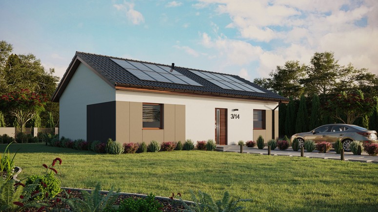 ERDOL 2 XL - Version Rechts (Wohnzimmer auf der rechten Seite) - Satteldach ohne ausgebautem Dachboden -Dachneigung  25 Grad - Keine Dachfenster - Standard - Styropor, Netz, Kleber - Nusbaum - Photovoltaik-Installation 6,4 kWp (16 Paneele)