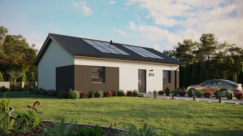ERDOL 2 XL - Version Rechts (Wohnzimmer auf der rechten Seite) - Satteldach ohne ausgebautem Dachboden -Dachneigung  25 Grad - Keine Dachfenster - Standard - Styropor, Netz, Kleber - Anthrazit - Photovoltaik-Installation 4,8 kWp (12 Paneele)