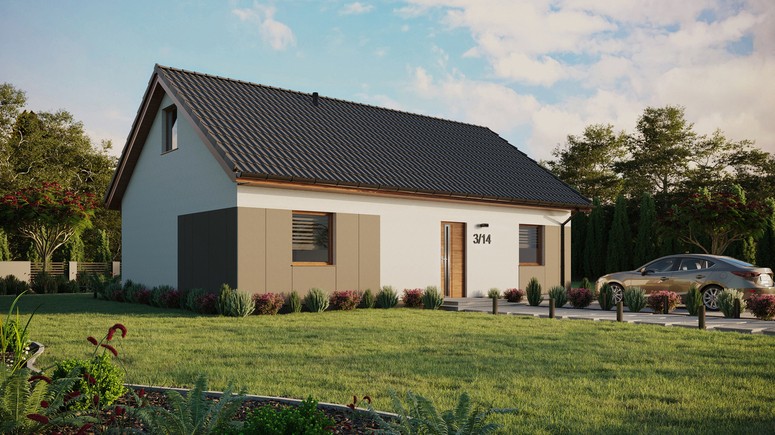 ERDOL 2 XL - Version Rechts (Wohnzimmer auf der rechten Seite) - Satteldach mit ausgebautem Dachboden -Dachneigung  35 Grad - Keine Dachfenster - Standard - Styropor, Netz, Kleber - Goldene Eiche - Ohne