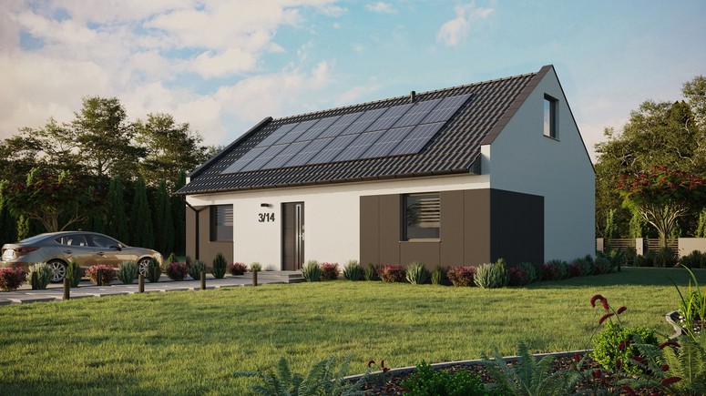 ERDOL 2 XL - Version Links (Wohnzimmer auf der linken Seite) - Modernes Satteldach mit ausgebautem Dachboden -Dachneigung  35 Grad - Keine Dachfenster - Standard - Styropor, Netz, Kleber - Anthrazit - Photovoltaik-Installation 6,4 kWp (16 Paneele)