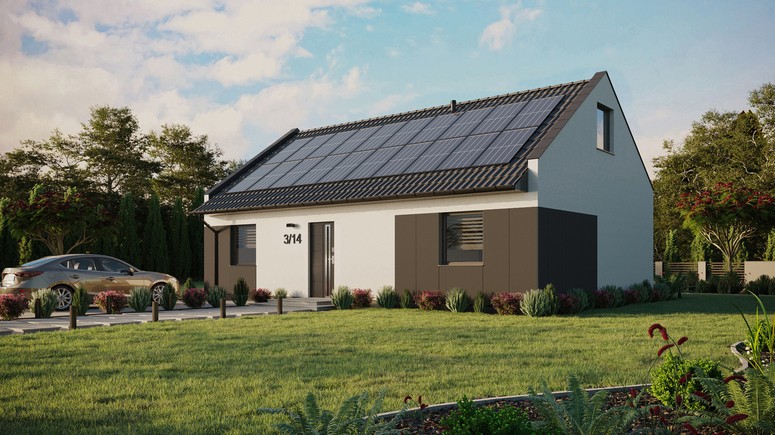 ERDOL 2 XL - Version Links (Wohnzimmer auf der linken Seite) - Modernes Satteldach mit ausgebautem Dachboden -Dachneigung  35 Grad - Dachfenster für Zimmer und Badezimmer - Standard - Styropor, Netz, Kleber - Anthrazit - Photovoltaik-Installation 8 kWp (20 Paneele)