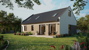 ERDOL 2 XL - Version Links (Wohnzimmer auf der linken Seite) - Modernes Satteldach mit ausgebautem Dachboden -Dachneigung  35 Grad - Zwei Zimmer-Dachfenster und ein Badezimmer-Dachfenster - Standard - Styropor, Netz, Kleber - Nusbaum - Ohne