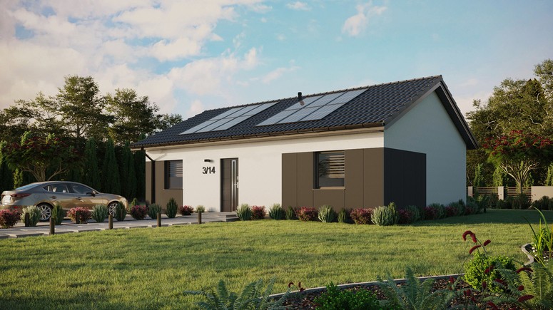 ERDOL 2 XL - Version Links (Wohnzimmer auf der linken Seite) - Satteldach ohne ausgebautem Dachboden -Dachneigung  25 Grad - Keine Dachfenster - Standard - Styropor, Netz, Kleber - Anthrazit - Photovoltaik-Installation 4,8 kWp (12 Paneele)