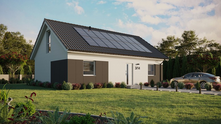 ERDOL 2 XL - Version Rechts (Wohnzimmer auf der rechten Seite) - Satteldach mit ausgebautem Dachboden -Dachneigung  35 Grad - Keine Dachfenster - Bodentiefes Fenster im Dachgeschoss - Styropor, Netz, Kleber - Weiß - Photovoltaik-Installation 6,4 kWp (16 Paneele)