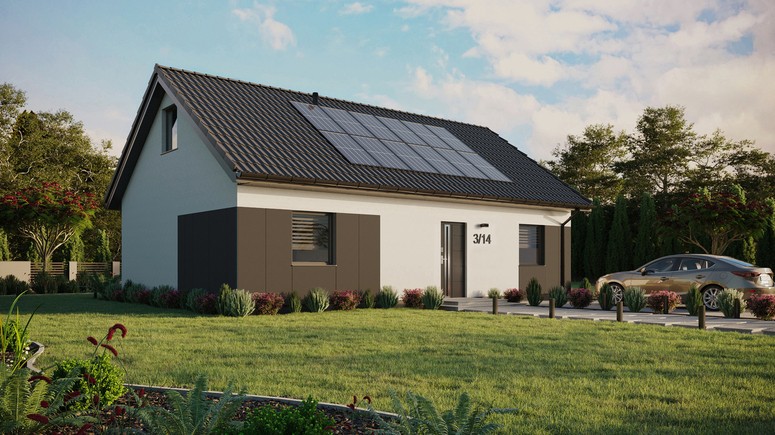 ERDOL 2 XL - Version Rechts (Wohnzimmer auf der rechten Seite) - Satteldach mit ausgebautem Dachboden -Dachneigung  35 Grad - Dachfenster für Zimmer und Badezimmer - Standard - Styropor, Netz, Kleber - Anthrazit - Photovoltaik-Installation 4,8 kWp (12 Paneele)