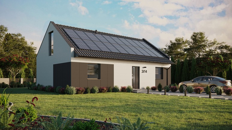 ERDOL 2 XL - Version Rechts (Wohnzimmer auf der rechten Seite) - Modernes Satteldach mit ausgebautem Dachboden -Dachneigung  35 Grad - Keine Dachfenster - Bodentiefes Fenster im Dachgeschoss - Styropor, Netz, Kleber - Anthrazit - Photovoltaik-Installation 8 kWp (20 Paneele)