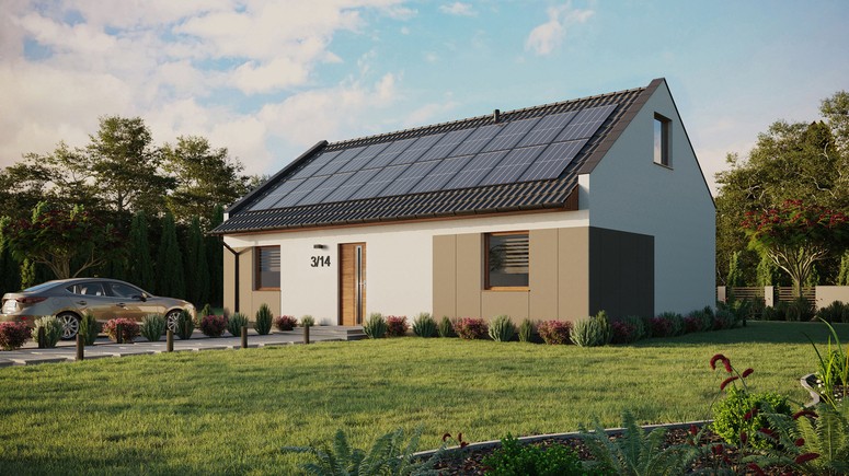 ERDOL 2 XL - Version Links (Wohnzimmer auf der linken Seite) - Modernes Satteldach mit ausgebautem Dachboden -Dachneigung  35 Grad - Dachfenster für Zimmer und Badezimmer - Standard - Styropor, Netz, Kleber - Goldene Eiche - Photovoltaik-Installation 8 kWp (20 Paneele)
