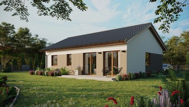 ERDOL 2 XL - Version Links (Wohnzimmer auf der linken Seite) - Satteldach ohne ausgebautem Dachboden -Dachneigung  25 Grad - Keine Dachfenster - Standard - Styropor, Netz, Kleber - Goldene Eiche - Photovoltaik-Installation 6,4 kWp (16 Paneele)