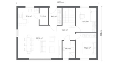 ERDOL 2 XL - Version Rechts (Wohnzimmer auf der rechten Seite) - Treppe in Treppenhaus - Grundriss Erdgeschoss
