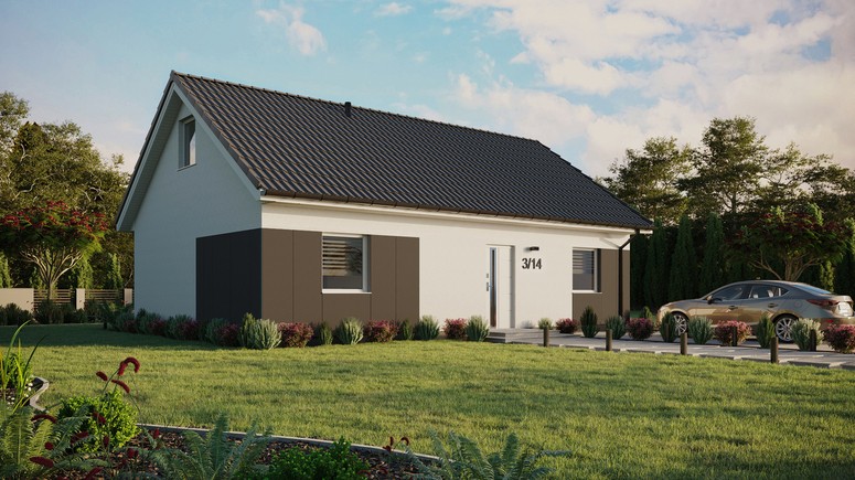 ERDOL 2 XL - Version Rechts (Wohnzimmer auf der rechten Seite) - Satteldach mit ausgebautem Dachboden -Dachneigung  35 Grad - Keine Dachfenster - Standard - Styropor, Netz, Kleber - Weiß - Ohne