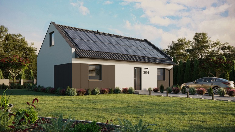ERDOL 2 XL - Version Rechts (Wohnzimmer auf der rechten Seite) - Modernes Satteldach mit ausgebautem Dachboden -Dachneigung  35 Grad - Keine Dachfenster - Balkontür im Esszimmer - Styropor, Netz, Kleber - Anthrazit - Photovoltaik-Installation 8 kWp (20 Paneele)