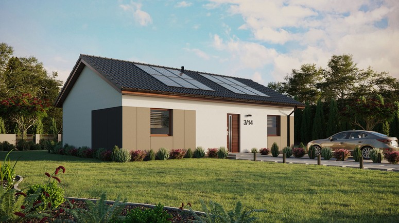 ERDOL 2 XL - Version Rechts (Wohnzimmer auf der rechten Seite) - Satteldach ohne ausgebautem Dachboden -Dachneigung  25 Grad - Keine Dachfenster - Standard - Styropor, Netz, Kleber - Nusbaum - Photovoltaik-Installation 4,8 kWp (12 Paneele)