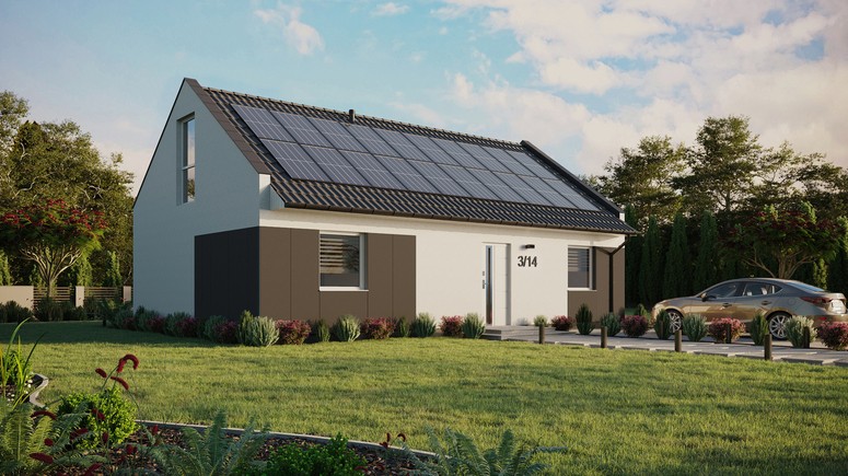 ERDOL 2 XL - Version Rechts (Wohnzimmer auf der rechten Seite) - Modernes Satteldach mit ausgebautem Dachboden -Dachneigung  35 Grad - Keine Dachfenster - Bodentiefes Fenster im Dachgeschoss - Styropor, Netz, Kleber - Weiß - Photovoltaik-Installation 8 kWp (20 Paneele)