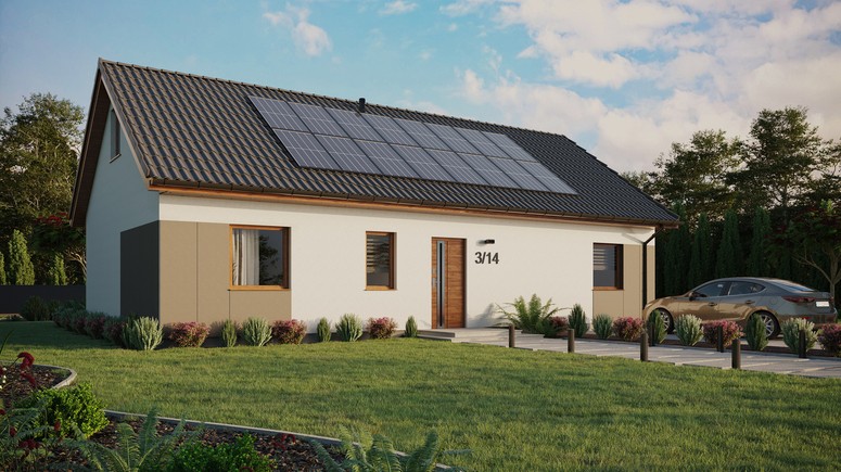 ERDOL 3 XL - Version Rechts (Wohnzimmer auf der rechten Seite) - Satteldach mit ausgebautem Dachboden -Dachneigung  35 Grad - keine Dachfenster - Standard - Styropor, Netz, Kleber - Goldene Eiche - Photovoltaik-Installation 6,4 kWp (16 Paneele)