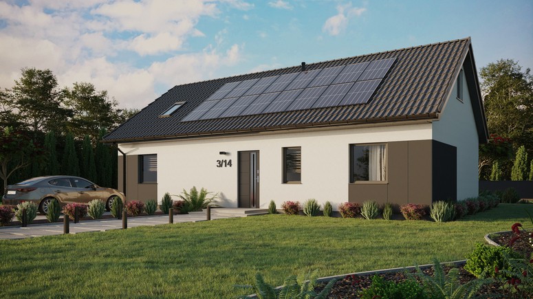 ERDOL 3 XL - Version Links (Wohnzimmer auf der linken Seite) - Satteldach mit ausgebautem Dachboden -Dachneigung  35 Grad - Dachfenster für Zimmer und Badezimmer - Standard - Styropor, Netz, Kleber - Anthrazit - Photovoltaik-Installation 6,4 kWp (16 Paneele)