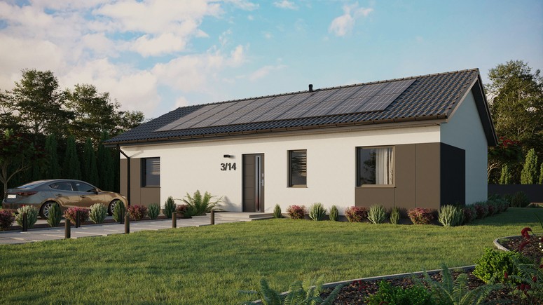 ERDOL 3 XL - Version Links (Wohnzimmer auf der linken Seite) - Satteldach ohne ausgebautem Dachboden -Dachneigung  25 Grad - keine Dachfenster - Balkontür im Esszimmer - Styropor, Netz, Kleber - Anthrazit - Photovoltaik-Installation 8 kWp (20 Paneele)