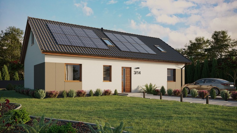 ERDOL 3 XL - Version Rechts (Wohnzimmer auf der rechten Seite) - Satteldach mit ausgebautem Dachboden -Dachneigung  35 Grad - Zwei-Zimmer-Dachfenster - Standard - Styropor, Netz, Kleber - Goldene Eiche - Photovoltaik-Installation 6,4 kWp (16 Paneele)