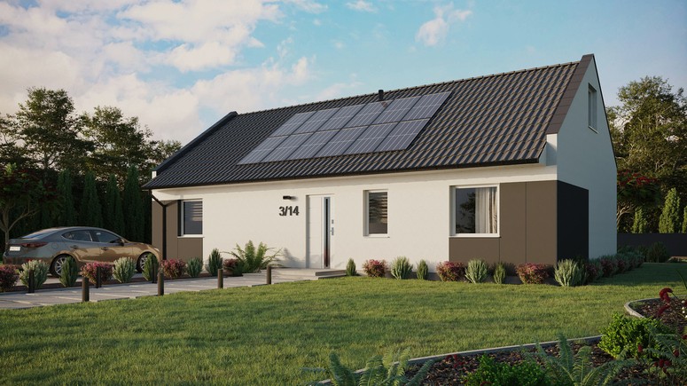 ERDOL 3 XL - Version Links (Wohnzimmer auf der linken Seite) - Modernes Satteldach mit ausgebautem Dachboden -Dachneigung  35 Grad - keine Dachfenster - Standard - Styropor, Netz, Kleber - Weiß - Photovoltaik-Installation 4,8 kWp (12 Paneele)
