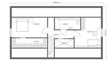 ERDOL 3 XL - Version Rechts (Wohnzimmer auf der rechten Seite) - Treppe im Wohnzimmer - Dachgeschossausbau - Beispielvorschlag