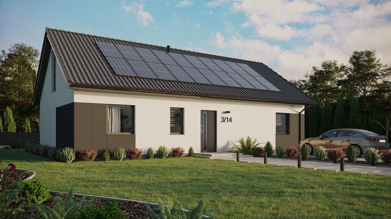 ERDOL 3 XL - Version Rechts (Wohnzimmer auf der rechten Seite) - Satteldach mit ausgebautem Dachboden -Dachneigung  35 Grad - keine Dachfenster - Bodentiefes Fenster im Dachgeschoss - Styropor, Netz, Kleber - Anthrazit - Photovoltaik-Installation 8 kWp (20 Paneele)