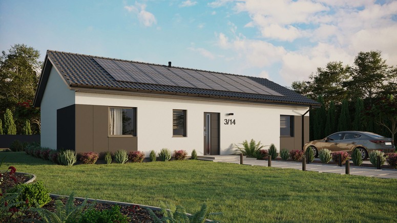 ERDOL 3 XL - Version Rechts (Wohnzimmer auf der rechten Seite) - Satteldach ohne ausgebautem Dachboden -Dachneigung  25 Grad - keine Dachfenster - Standard - Styropor, Netz, Kleber - Anthrazit - Photovoltaik-Installation 8 kWp (20 Paneele)