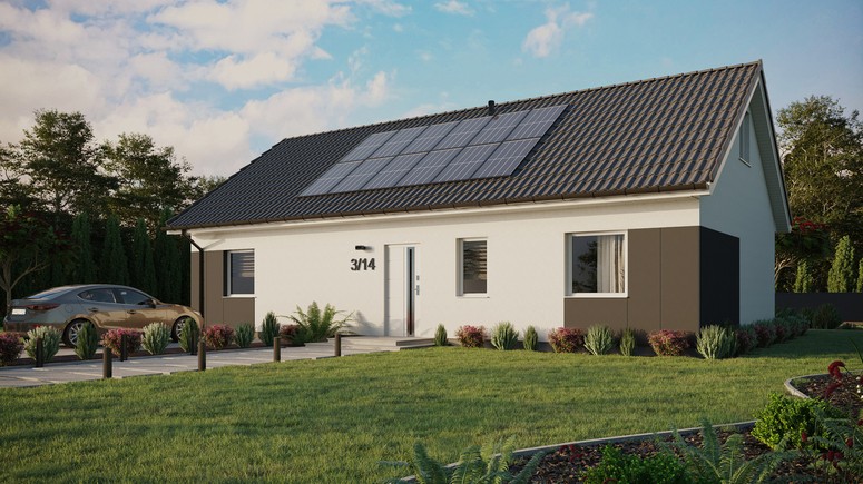 ERDOL 3 XL - Version Links (Wohnzimmer auf der linken Seite) - Satteldach mit ausgebautem Dachboden -Dachneigung  35 Grad - keine Dachfenster - Standard - Styropor, Netz, Kleber - Weiß - Photovoltaik-Installation 4,8 kWp (12 Paneele)