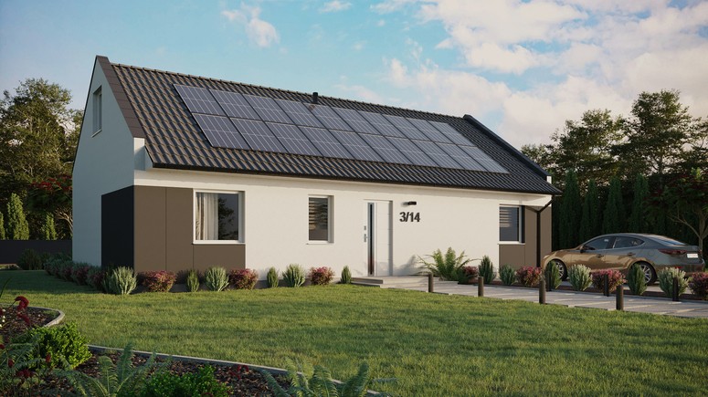 ERDOL 3 XL - Version Rechts (Wohnzimmer auf der rechten Seite) - Modernes Satteldach mit ausgebautem Dachboden -Dachneigung  35 Grad - keine Dachfenster - Standard - Styropor, Netz, Kleber - Weiß - Photovoltaik-Installation 8 kWp (20 Paneele)