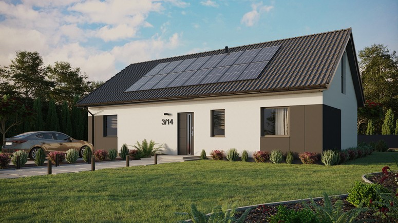 ERDOL 3 XL - Version Links (Wohnzimmer auf der linken Seite) - Satteldach mit ausgebautem Dachboden -Dachneigung  35 Grad - keine Dachfenster - Bodentiefes Fenster im Dachgeschoss - Styropor, Netz, Kleber - Anthrazit - Photovoltaik-Installation 6,4 kWp (16 Paneele)