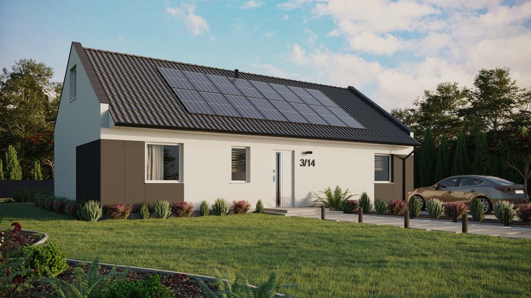 ERDOL 3 XL - Version Rechts (Wohnzimmer auf der rechten Seite) - Modernes Satteldach mit ausgebautem Dachboden -Dachneigung  35 Grad - keine Dachfenster - Standard - Styropor, Netz, Kleber - Weiß - Photovoltaik-Installation 6,4 kWp (16 Paneele)