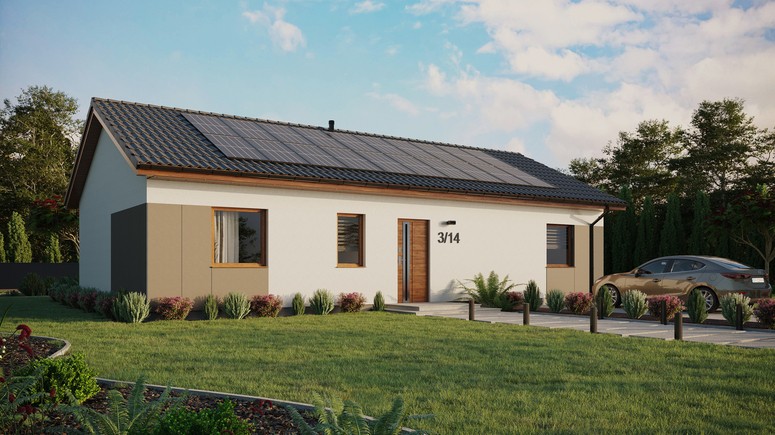 ERDOL 3 XL - Version Rechts (Wohnzimmer auf der rechten Seite) - Satteldach ohne ausgebautem Dachboden -Dachneigung  25 Grad - keine Dachfenster - Standard - Styropor, Netz, Kleber - Goldene Eiche - Photovoltaik-Installation 8 kWp (20 Paneele)