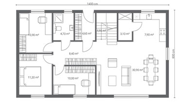 ERDOL 3 XL - Version Links (Wohnzimmer auf der linken Seite) - Treppe in Treppenhaus - Grundriss Erdgeschoss