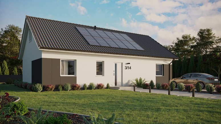 ERDOL 3 XL - Version Rechts (Wohnzimmer auf der rechten Seite) - Satteldach mit ausgebautem Dachboden -Dachneigung  35 Grad - keine Dachfenster - Standard - Styropor, Netz, Kleber - Weiß - Photovoltaik-Installation 4,8 kWp (12 Paneele)