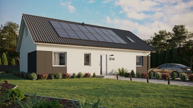 ERDOL 3 XL - Version Rechts (Wohnzimmer auf der rechten Seite) - Satteldach mit ausgebautem Dachboden -Dachneigung  35 Grad - Dachfenster für Zimmer und Badezimmer - Standard - Styropor, Netz, Kleber - Weiß - Photovoltaik-Installation 6,4 kWp (16 Paneele)