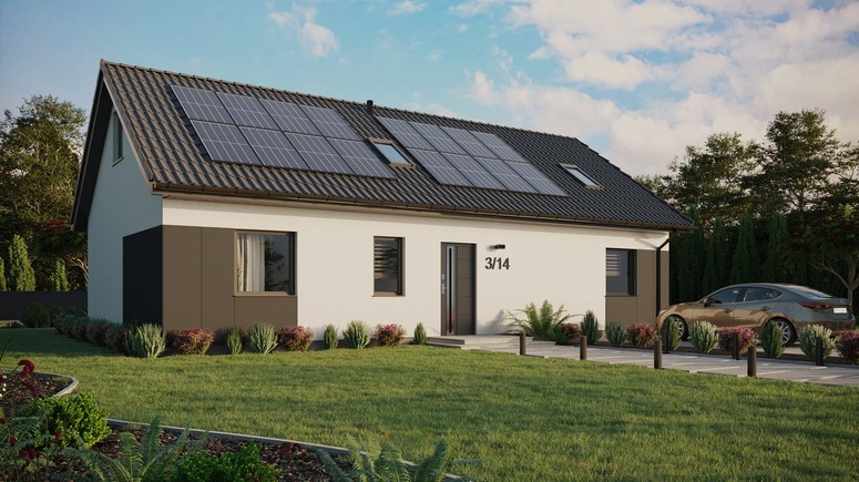 ERDOL 3 XL - Version Rechts (Wohnzimmer auf der rechten Seite) - Satteldach mit ausgebautem Dachboden -Dachneigung  35 Grad - Zwei-Zimmer-Dachfenster - Standard - Styropor, Netz, Kleber - Anthrazit - Photovoltaik-Installation 6,4 kWp (16 Paneele)