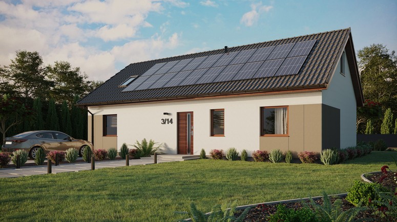 ERDOL 3 XL - Version Links (Wohnzimmer auf der linken Seite) - Satteldach mit ausgebautem Dachboden -Dachneigung  35 Grad - Dachfenster für Zimmer und Badezimmer - Standard - Styropor, Netz, Kleber - Nusbaum - Photovoltaik-Installation 8 kWp (20 Paneele)