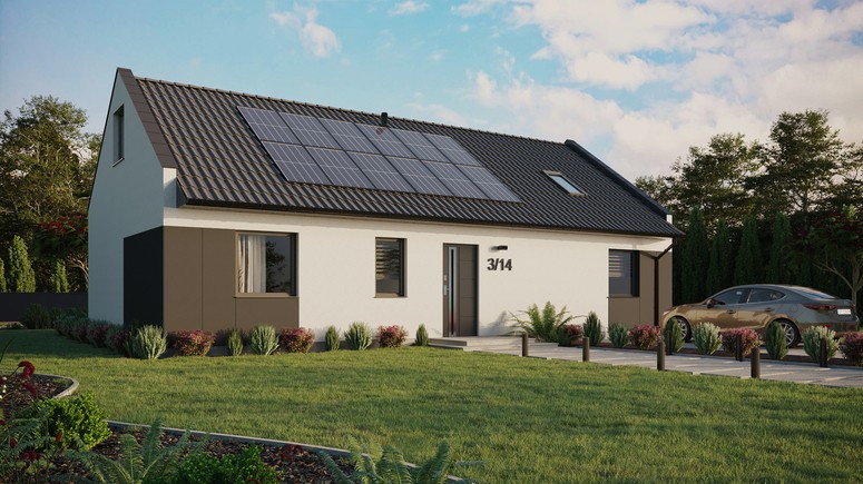ERDOL 3 XL - Version Rechts (Wohnzimmer auf der rechten Seite) - Modernes Satteldach mit ausgebautem Dachboden -Dachneigung  35 Grad - Dachfenster für Zimmer und Badezimmer - Standard - Styropor, Netz, Kleber - Anthrazit - Photovoltaik-Installation 4,8 kWp (12 Paneele)
