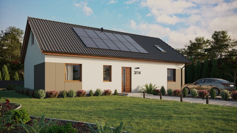 ERDOL 3 XL - Version Rechts (Wohnzimmer auf der rechten Seite) - Satteldach mit ausgebautem Dachboden -Dachneigung  35 Grad - Dachfenster für Zimmer und Badezimmer - Balkontür im Esszimmer - Styropor, Netz, Kleber - Goldene Eiche - Photovoltaik-Installation 4,8 kWp (12 Paneele)