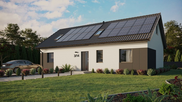 ERDOL 3 XL - Version Links (Wohnzimmer auf der linken Seite) - Satteldach mit ausgebautem Dachboden -Dachneigung  35 Grad - Zwei Zimmer-Dachfenster und ein Badezimmer-Dachfenster - Standard - Styropor, Netz, Kleber - Anthrazit - Photovoltaik-Installation 8 kWp (20 Paneele)