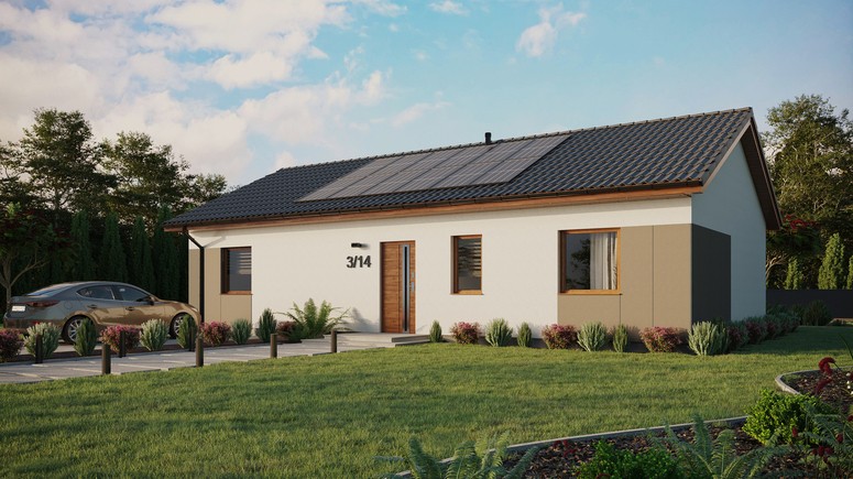 ERDOL 3 XL - Version Links (Wohnzimmer auf der linken Seite) - Satteldach ohne ausgebautem Dachboden -Dachneigung  25 Grad - keine Dachfenster - Standard - Styropor, Netz, Kleber - Goldene Eiche - Photovoltaik-Installation 4,8 kWp (12 Paneele)
