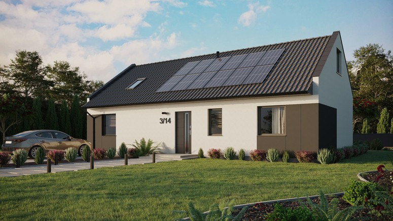 ERDOL 3 XL - Version Links (Wohnzimmer auf der linken Seite) - Modernes Satteldach mit ausgebautem Dachboden -Dachneigung  35 Grad - Dachfenster für Zimmer und Badezimmer - Standard - Styropor, Netz, Kleber - Anthrazit - Photovoltaik-Installation 4,8 kWp (12 Paneele)