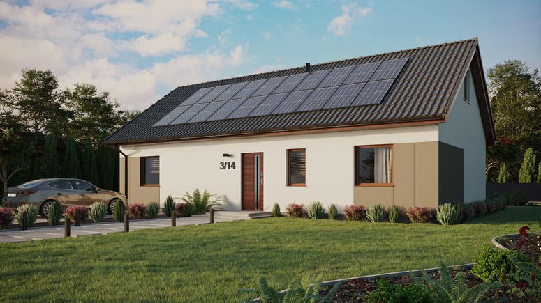 ERDOL 3 XL - Version Links (Wohnzimmer auf der linken Seite) - Satteldach mit ausgebautem Dachboden -Dachneigung  35 Grad - keine Dachfenster - Standard - Styropor, Netz, Kleber - Nusbaum - Photovoltaik-Installation 8 kWp (20 Paneele)