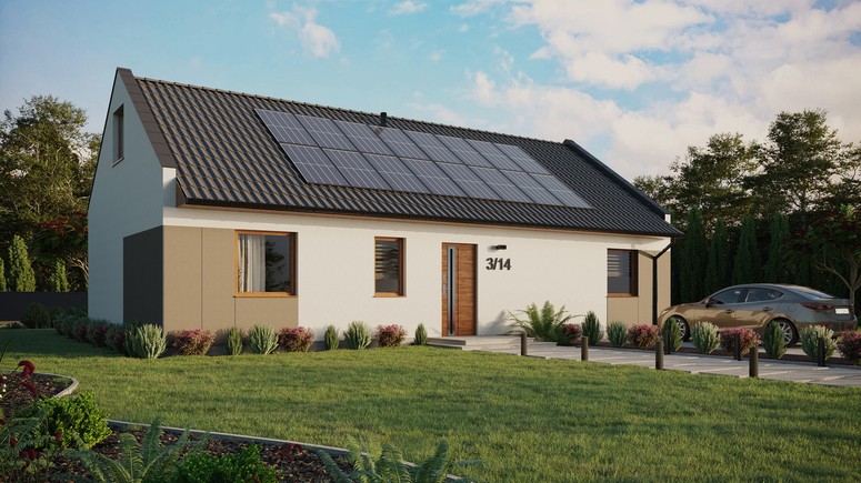 ERDOL 3 XL - Version Rechts (Wohnzimmer auf der rechten Seite) - Modernes Satteldach mit ausgebautem Dachboden -Dachneigung  35 Grad - keine Dachfenster - Standard - Styropor, Netz, Kleber - Goldene Eiche - Photovoltaik-Installation 6,4 kWp (16 Paneele)