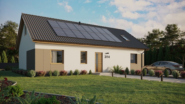ERDOL 3 XL - Version Rechts (Wohnzimmer auf der rechten Seite) - Satteldach mit ausgebautem Dachboden -Dachneigung  35 Grad - Dachfenster für Zimmer und Badezimmer - Standard - Styropor, Netz, Kleber - Winchester - Photovoltaik-Installation 6,4 kWp (16 Paneele)