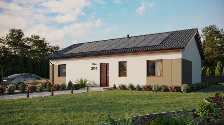 ERDOL 3 XL - Version Links (Wohnzimmer auf der linken Seite) - Satteldach ohne ausgebautem Dachboden -Dachneigung  25 Grad - keine Dachfenster - Standard - Styropor, Netz, Kleber - Nusbaum - Photovoltaik-Installation 8 kWp (20 Paneele)