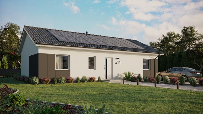 ERDOL 3 XL - Version Rechts (Wohnzimmer auf der rechten Seite) - Satteldach ohne ausgebautem Dachboden -Dachneigung  25 Grad - keine Dachfenster - Standard - Styropor, Netz, Kleber - Weiß - Photovoltaik-Installation 8 kWp (20 Paneele)